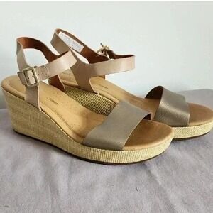 Rockport Sling Wedge Sandals Metallic Gold Beige Leather Womens 10